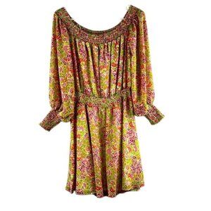 NWT Leyden Floral Dress Elastic Neckline Cuffs Size L Pink Green Orange